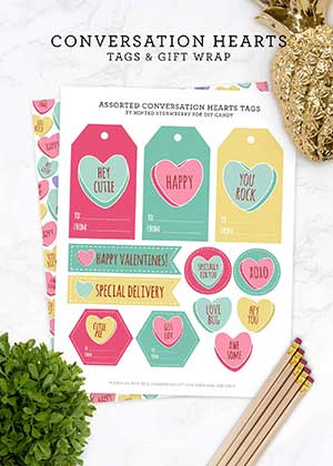 conversation hearts tags and gift wrap
