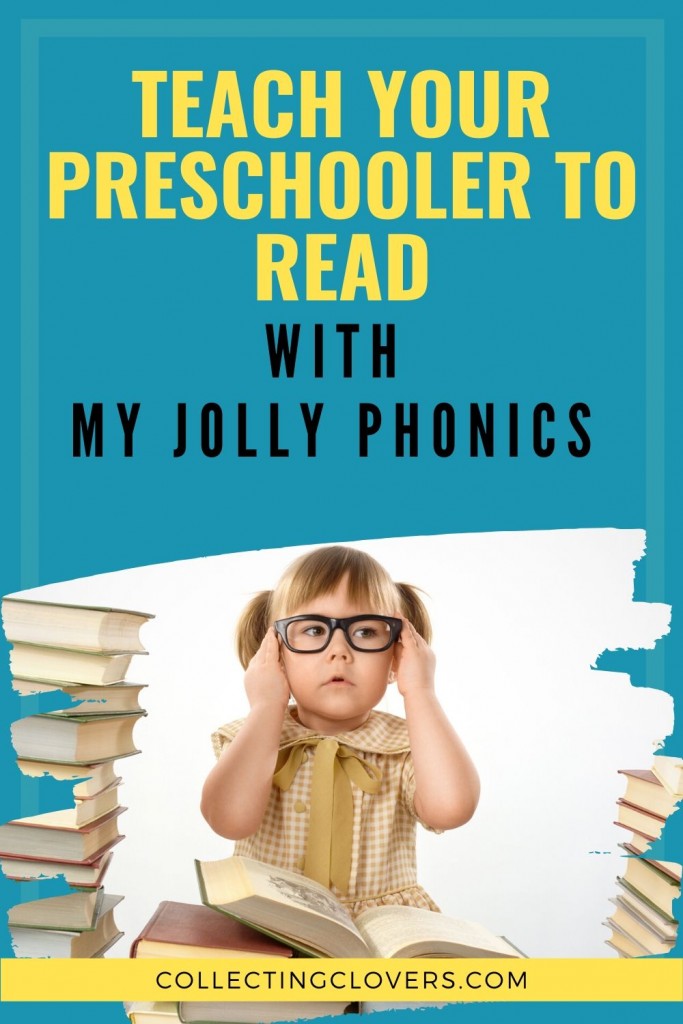 preschooler surrounding by books learning to read with my jolly phonics program
