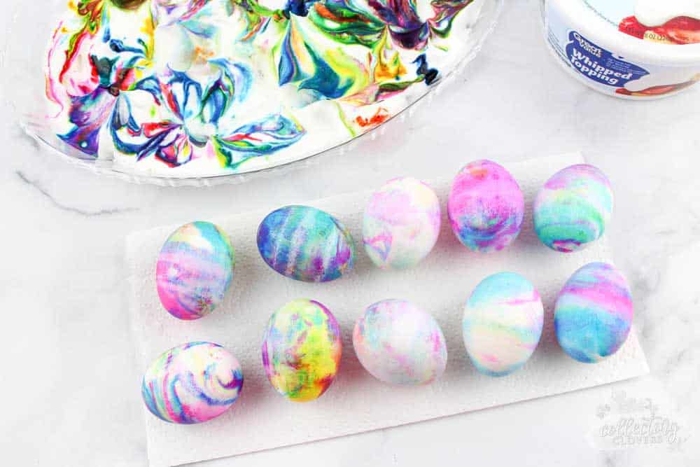 dyeing Easter eggs with whipped cream completed